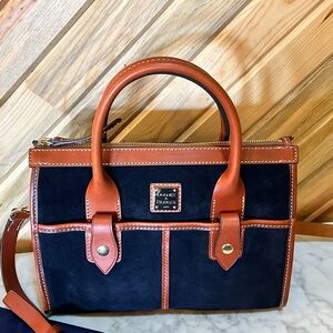 🆕 Dooney & Bourke Camden Satchel Navy Suede and Brown Leather Detachable Strap